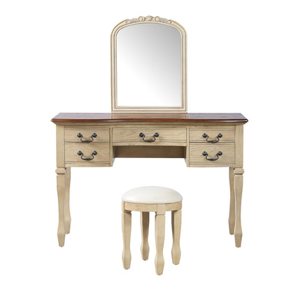 Merax 46" Vintage Makeup Vanity with Curved Flower Frame Mirror, Elegant Dressing Table with 5 Drawers and Leather Stool, Vanity Desk with Solid Wood Legs and Antique Handles for Bedroom