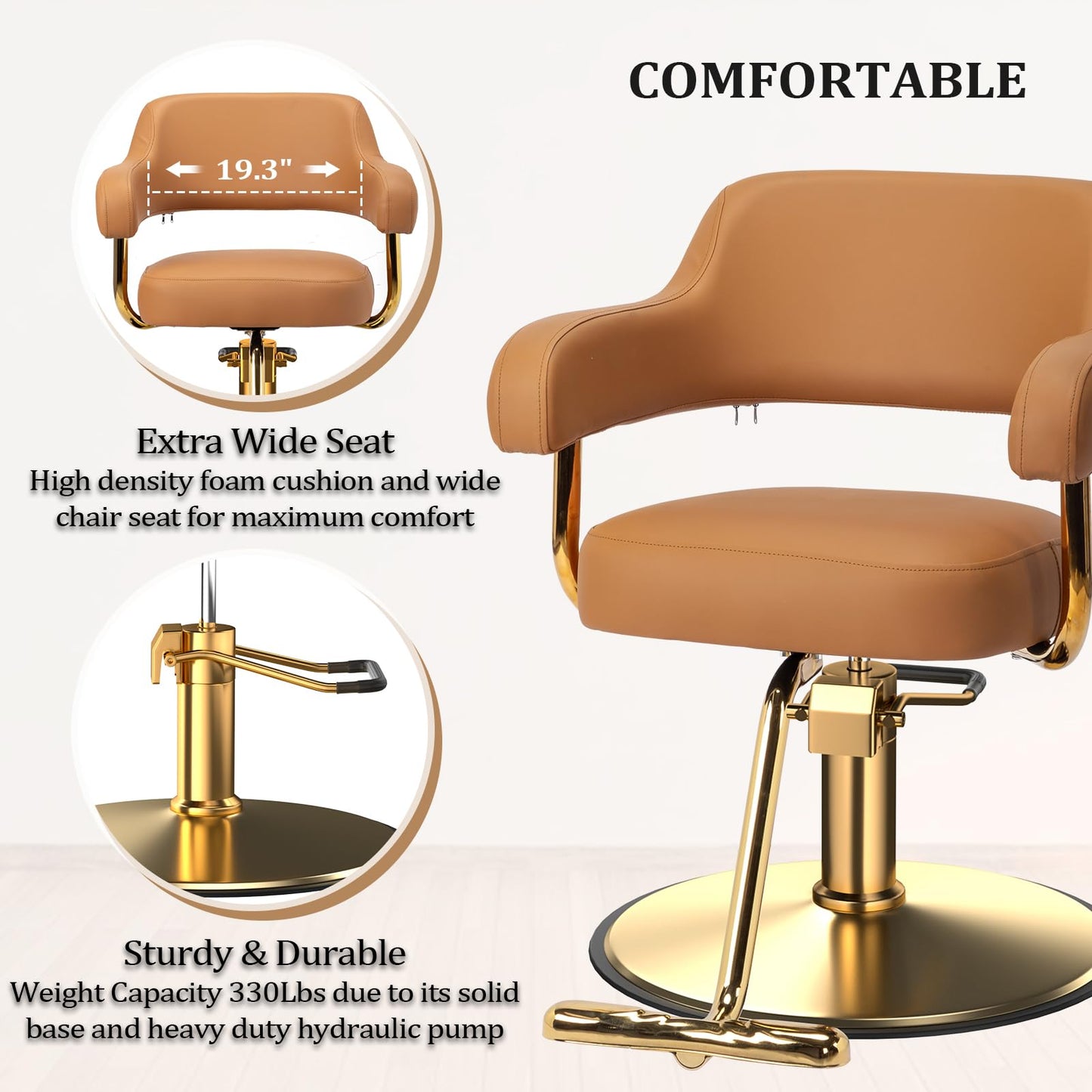 OmySalon Barber Chairs for Barbershop Brown and Gold Styling Chair, Salon Chair for Hair Stylist Heavy Duty Hydraulic Pump, 360°Swivel with Footrest, Hairdressing Home Beauty Spa Braiding Equipment