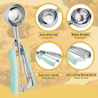 Cookie Scoop Set of 3, 18/8 Stainless Steel Cookie Dough Scoops with Blue, Pink & Green Color-Coded Grips, Small/Medium/Large (#60, #40, #20) Portion Scooper for Baking, Cupcakes & Ice Cream