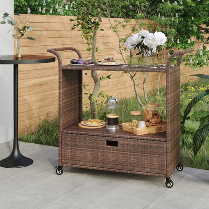 TUERYAFEK Brown Poly Rattan Bar Cart with Drawer, 39.4"x17.7"x38.2", Rolling Serving Trolley with Locking Castors