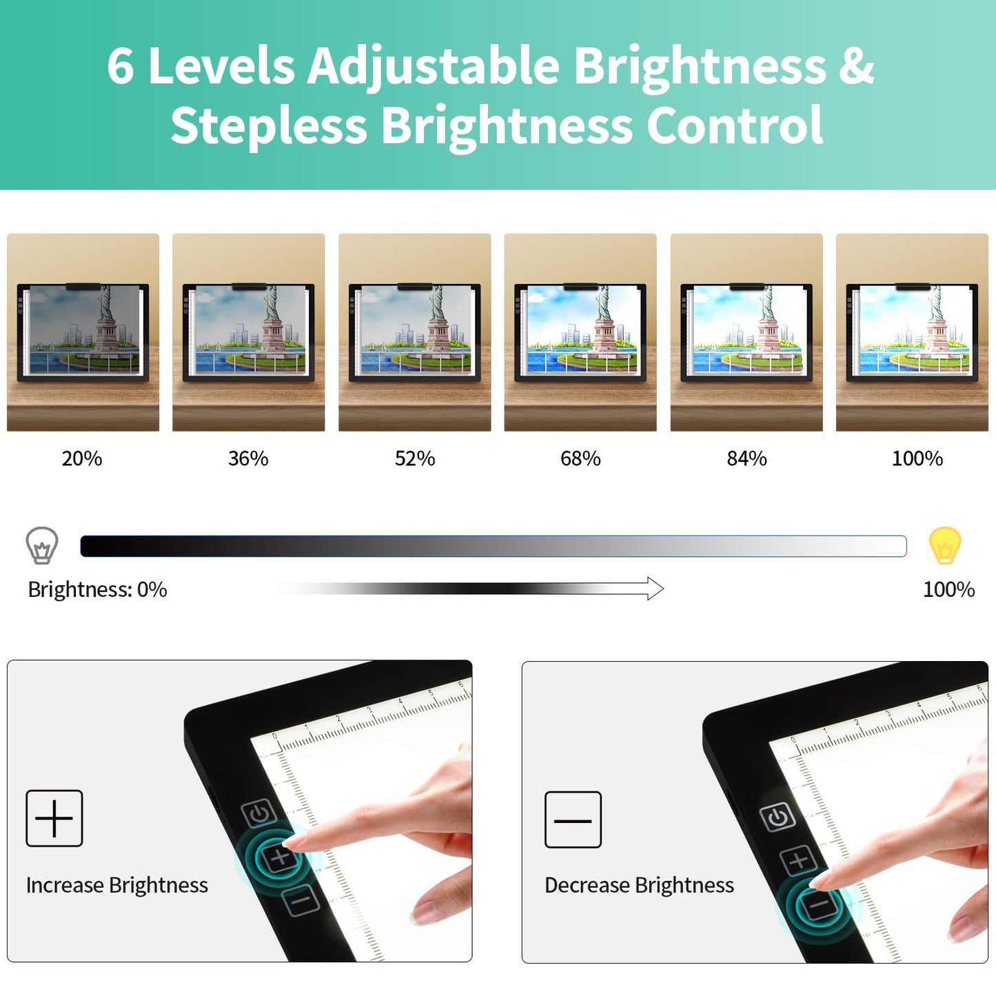 Rechargeable A4 Light Pad - Stepless Dimmable 6 Levels Brightness Tracing Light Box, Diamond Painting Light Board with Top Clip, Battery Powered Portable Light Pad for Weeding Vinyl Tracing