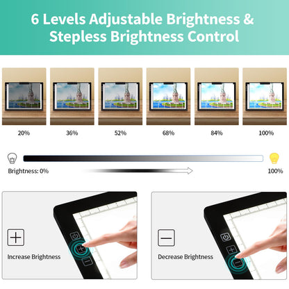 Rechargeable A4 Light Pad - Stepless Dimmable 6 Levels Brightness Tracing Light Box, Diamond Painting Light Board with Top Clip, Battery Powered Portable Light Pad for Weeding Vinyl Tracing