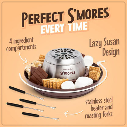 Nostalgia Indoor Electric Stainless Steel S'Mores Maker with 4 Lazy Susan Compartment Trays for Graham Crackers, Chocolate, Marshmallows and 4 Roasting Forks, Brown