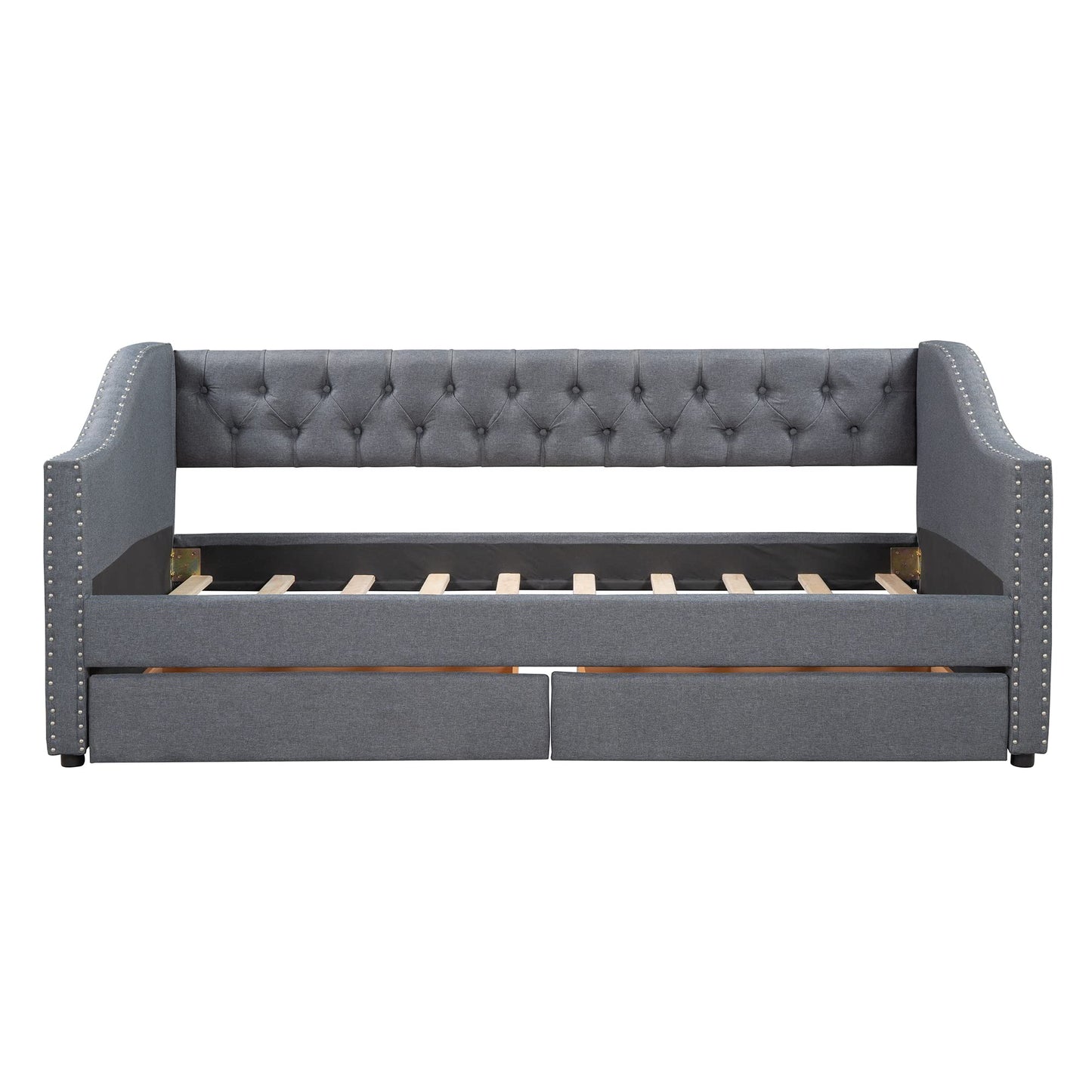 Merax Upholstered Twin Daybed Frame with 2 Storage Drawers, Linen Fabric Wood Sofa Bed, Diamond-Tufted Backrest & Rivets Armrests, Sturdy Wood Slat Support, No Box Spring Needed, Bear 400LBS, Gray