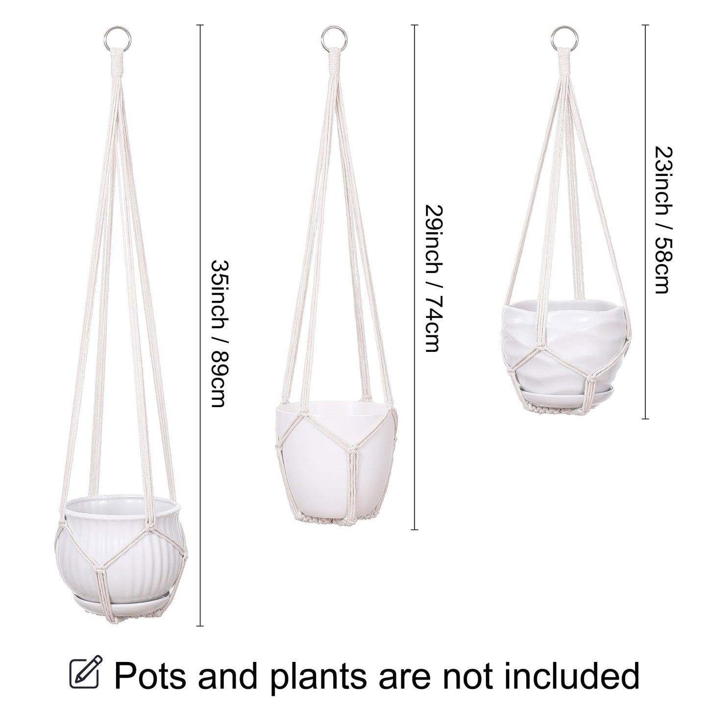 YIBOT 3 Pack Macrame Plant Hanger Indoor Hanging Planter Basket with 3 Hooks, 35"/29"/23" Crochet Plant Holder Stand No Tassels for Indoor Outdoor Boho Home Decor, Ivory (POTS NOT Included)