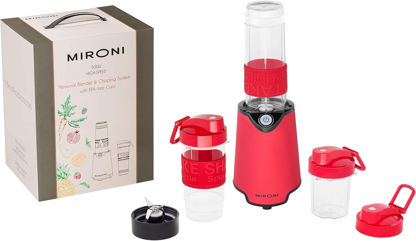 Personal 500-Watt Mini Blender and Smoothie Maker - Includes Grinder Cup, 2 Blender Bottles and Recipe Booklet, Red