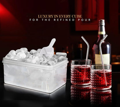 56pcs Ice Cube Tray with Lid and Bin – Stackable 4 Trays Silicone Plastic Freezer Mold, Large Ice Bucket with Scoop, Tong & 2 SS Straws – Easy Release Ice Maker for Cocktail, Coffee, RV, Whiskey