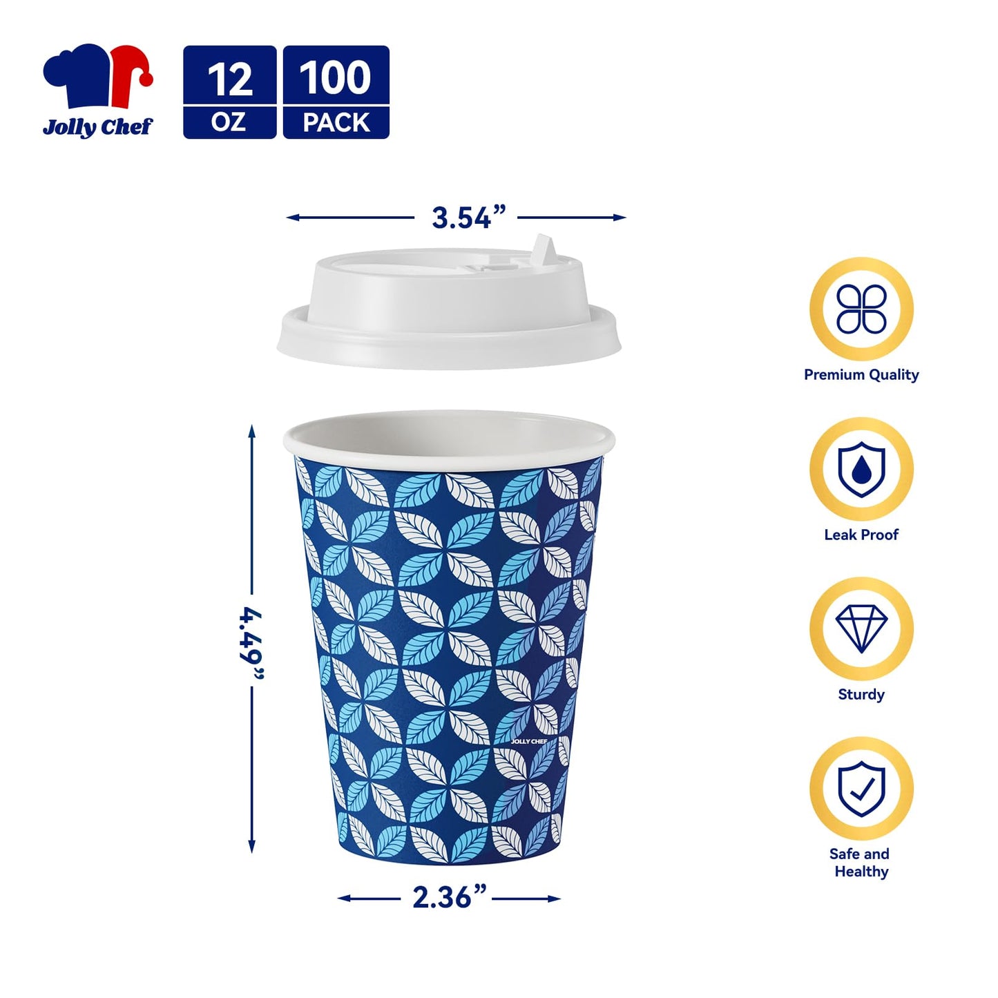 JOLLY CHEF 12oz Paper Coffee Cups 100 Pack, Disposable To Go Coffee Cups with Lids, Sleeves and Stirrers for Christmas