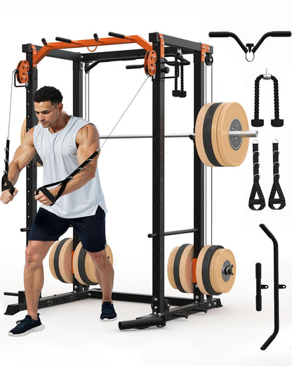 Power Cage, Power Rack with Cable Crossover System, 2000LBS Squat Rack with LAT Pull Down System, Workout Cage with Pulley System for Fitness Home Gym Strength Training, Orange & Black