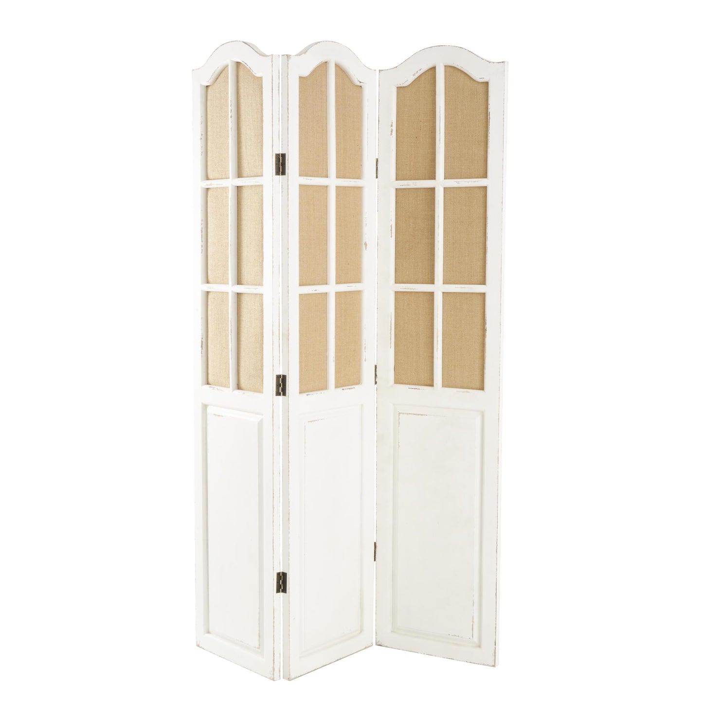 Deco 79 Wood Partition Room Divider Screen Hinged Foldable Partition 3 Panel Privacy Screen with Burlap Window Pane Design, Room Partition 48" x 1" x 71", Beige