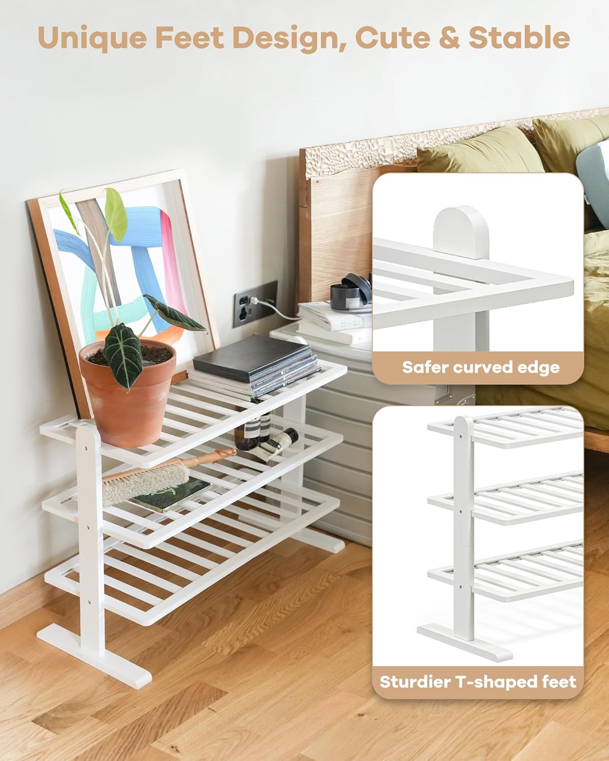 Closet (3-Tier) Varhomax White Shoe Rack, Bamboo Shoe Rack Organizer for and Entryway, Thick Wooden Free Standing Shoe