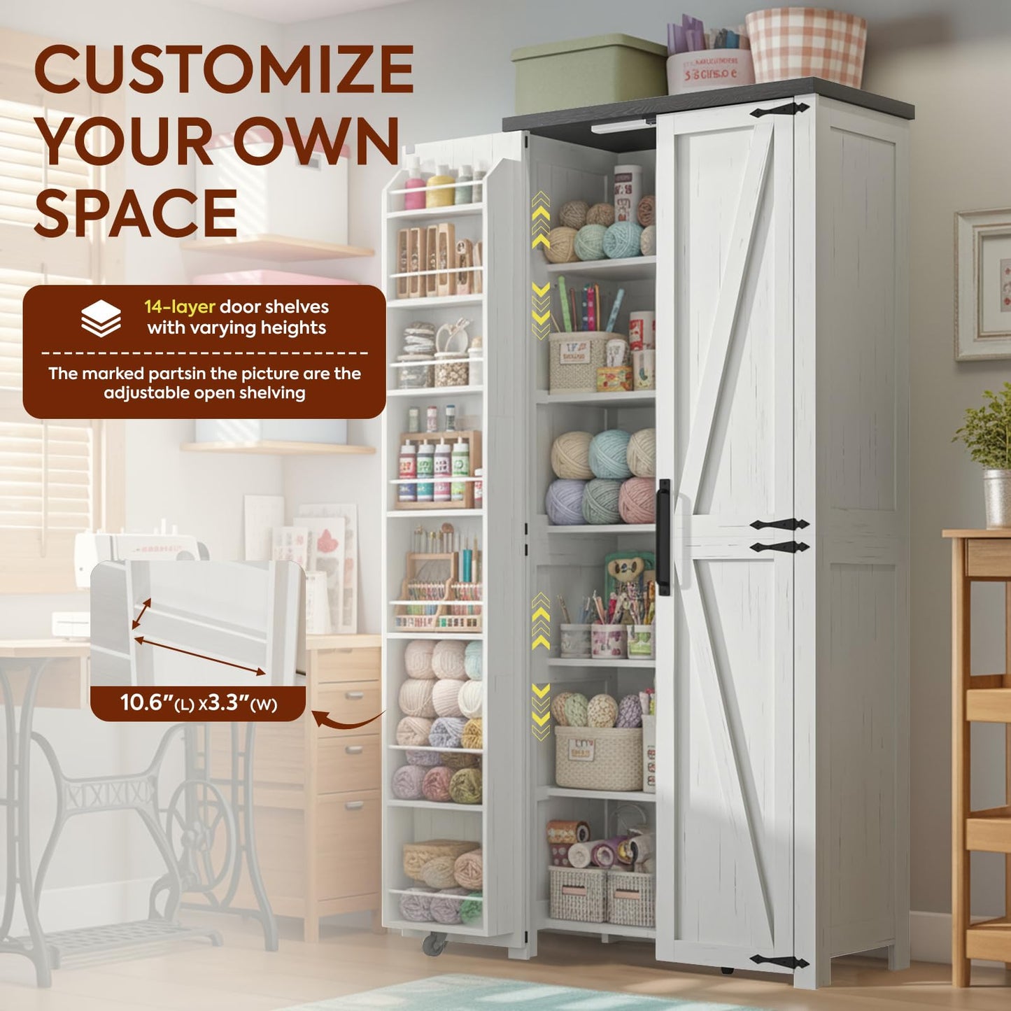 NEWOWNDS Craft Storage Cabinet with LED Lights – 72" Adjustable Shelves Sewing Organizer, Multi-Purpose Sewing Cabinet for Craft Room/Home Office Storage