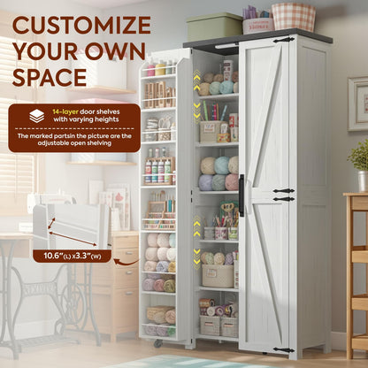 NEWOWNDS Craft Storage Cabinet with LED Lights – 72" Adjustable Shelves Sewing Organizer, Multi-Purpose Sewing Cabinet for Craft Room/Home Office Storage