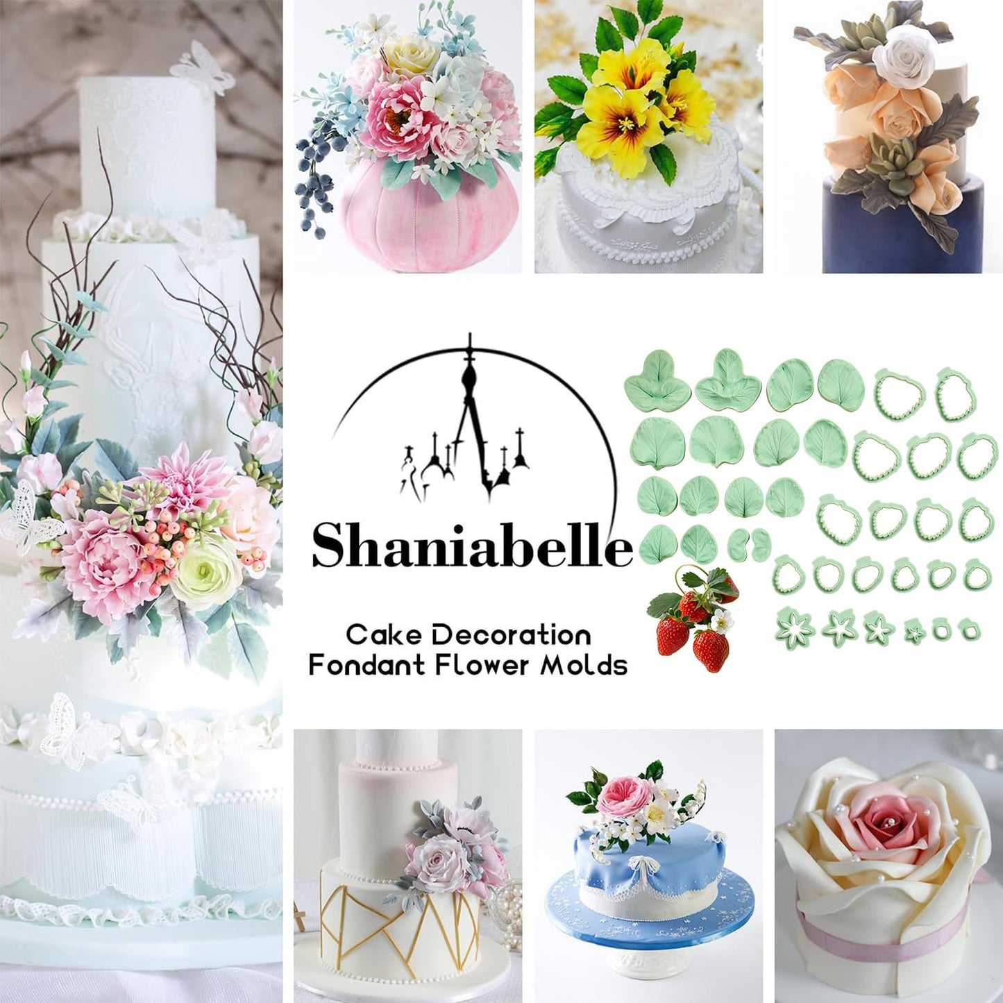 Professional Flower Fondant Mold Set, Reusable Silicone Cake Decorating Tools for Baking & Sugar Craft (Strawberry Fondant)
