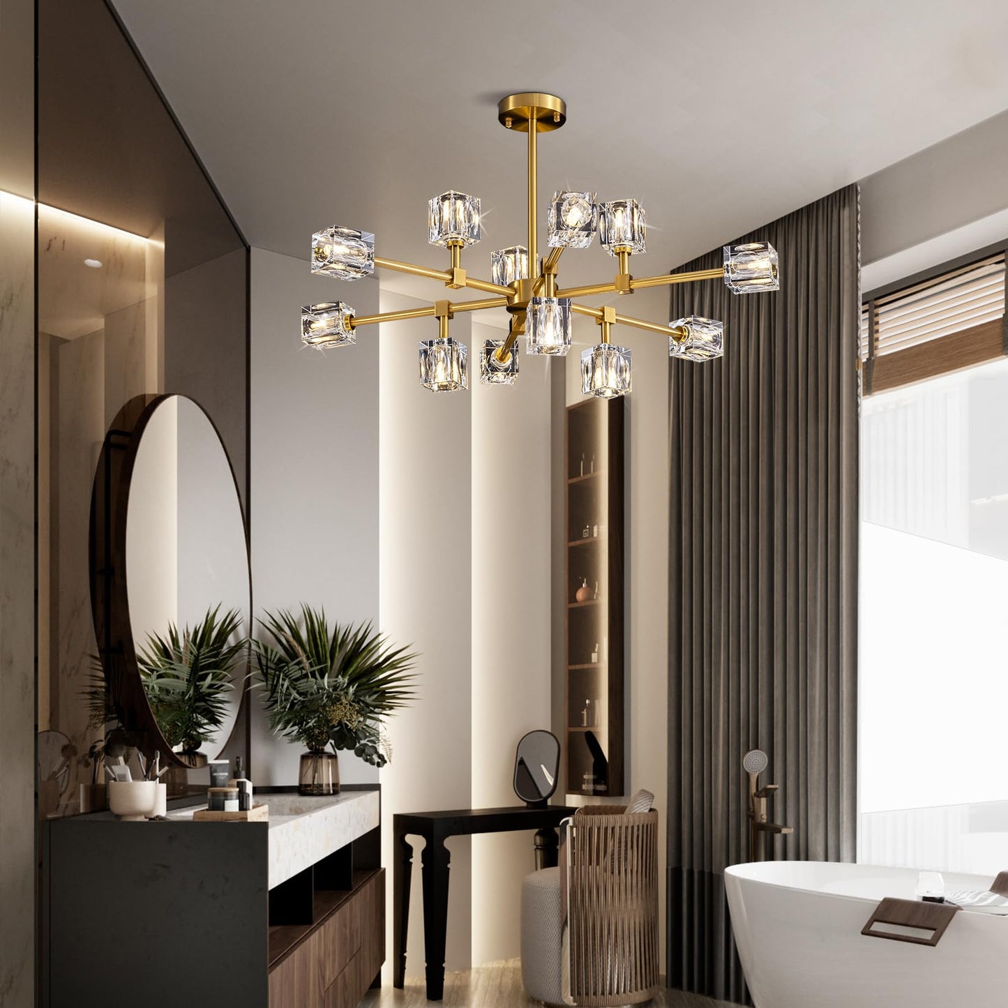 OKES Crystal Chandeliers for Dining Room Light Fixtures,Gold Sputnik Chandelier with 12-Lights,Modern Adjustable Height Semi Flush Mount Ceiling Light Fixture for Kitchen Island Bedroom Entryway
