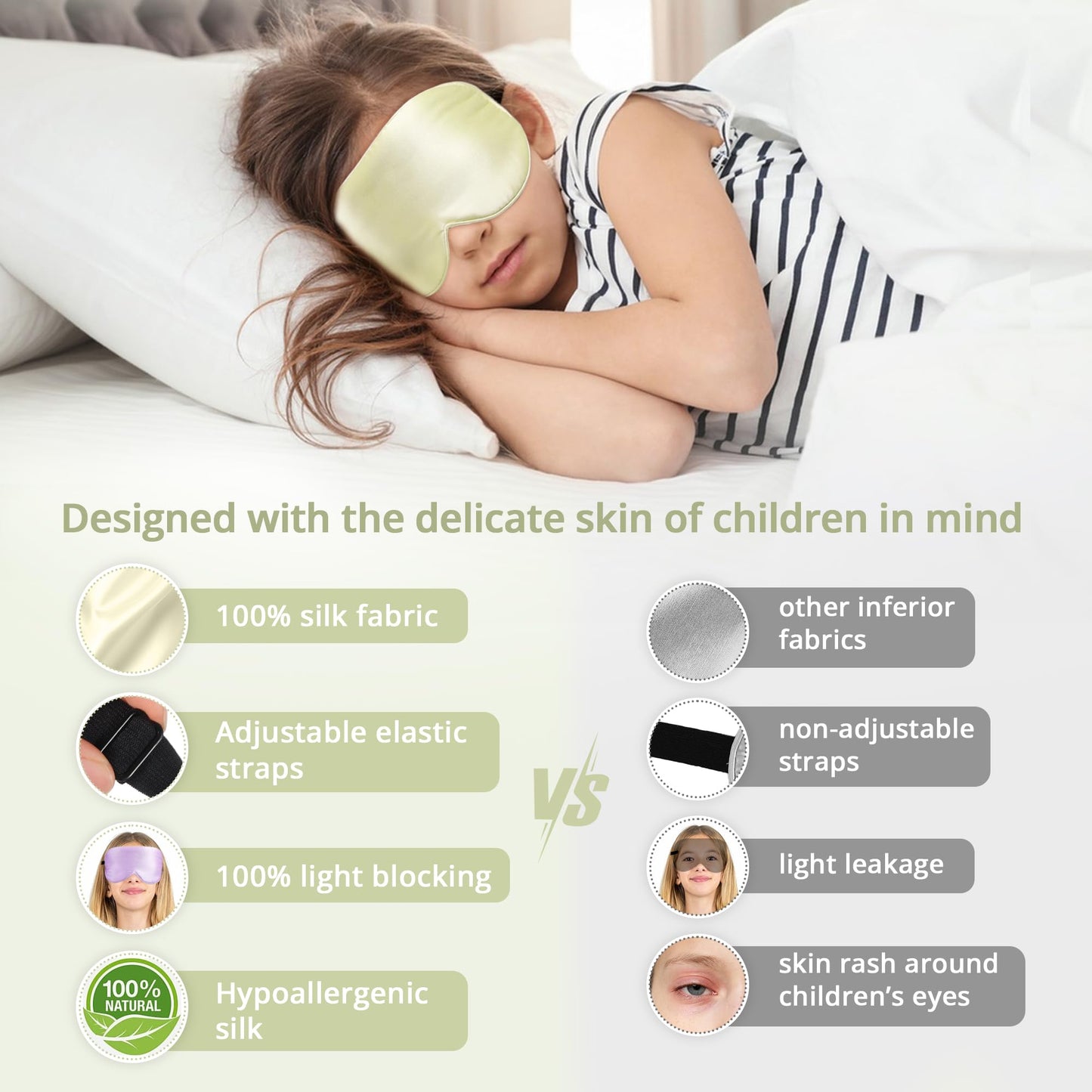 Kids Sleep Mask Eye Cover, 100% Real Natural Pure Silk Eye Mask with Adjustable Strap, Blindfold Kids Eye Mask for Sleeping, Eye Shade for Boys Girls and Adult, Pressure-Free Comfort (Black)