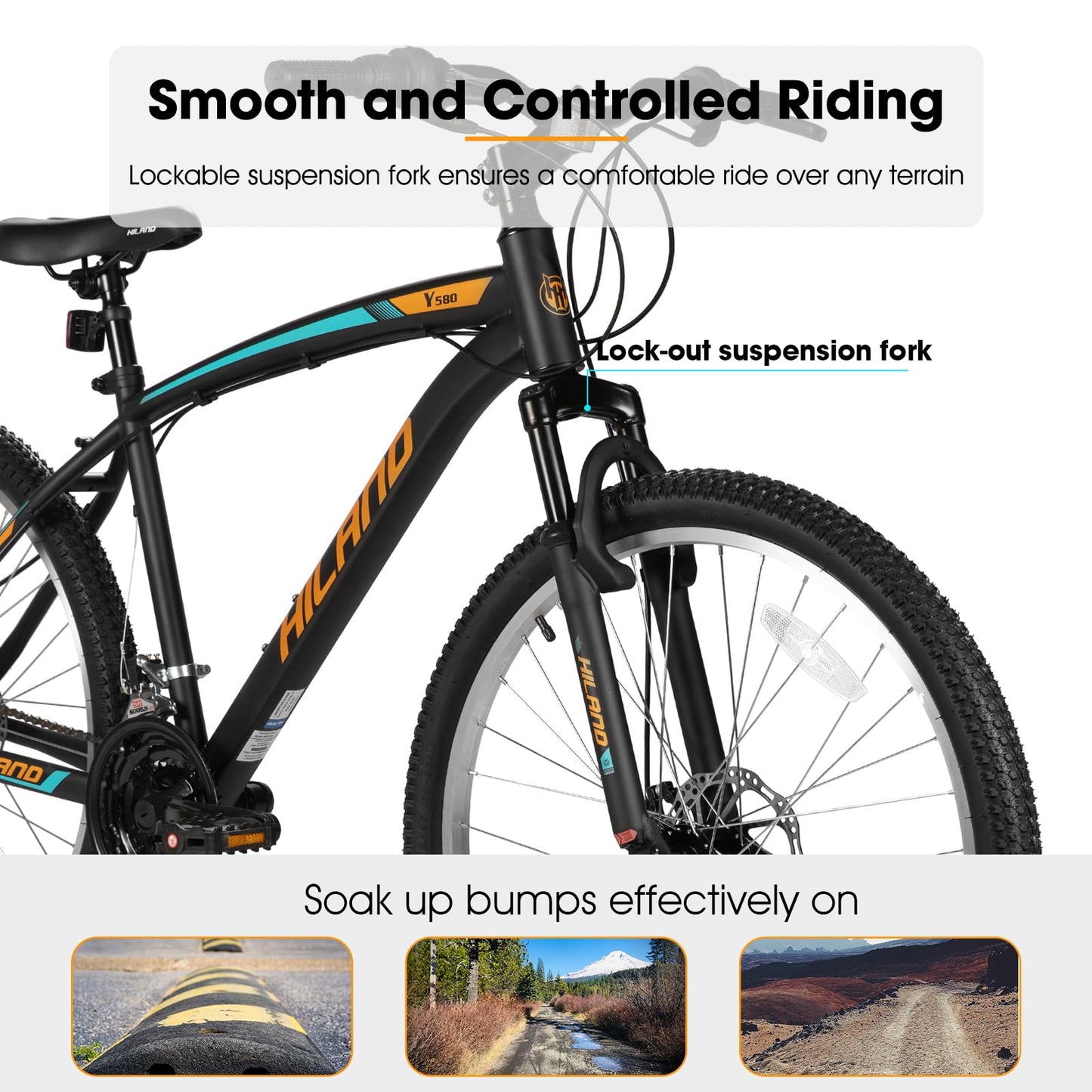 HH HILAND Mens and Womens Mountain Bike, 26 Inch 18 Speed Mountain Bicycle with Dual Disc Brake, Front Suspension Fork, High Carbon Steel Frame Urban Commuter Bike for Adults, Black Orange