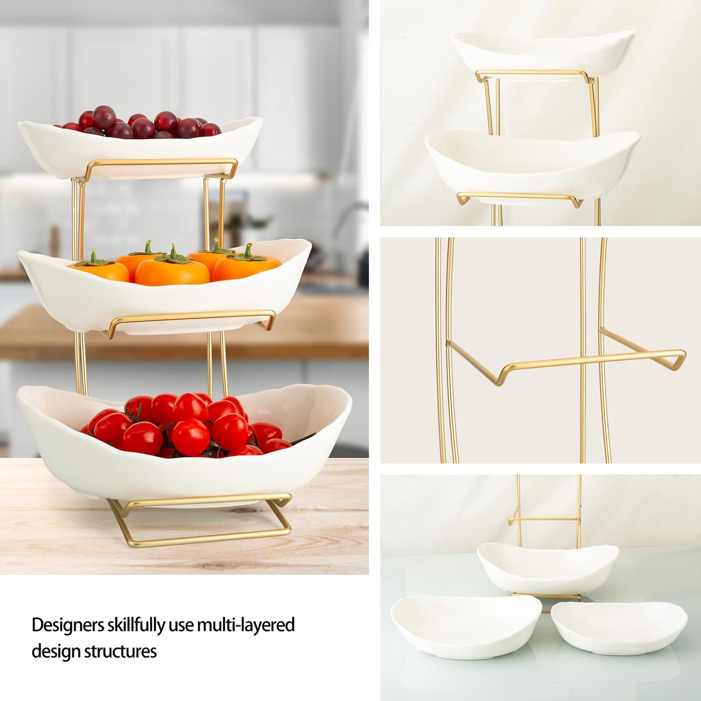 jessie 3 Tier Ceramic Fruit Bowls for Kitchen Counter with Metal Rack, Fruit Basket with Stand, Porcelain Bowls for Fruit Vegetable Bread Candy Snack Nuts Dessert Cake Tray (White 3 Layer)