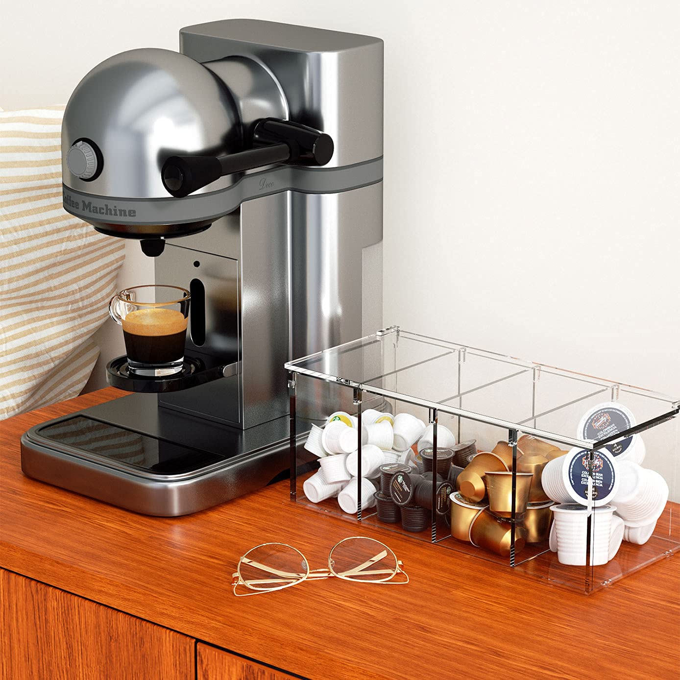 RR RAXMIN Coffee Capsule Holder Acrylic Box K Cup Holder Coffee Pod Storage Clear Acrylic 4 Compartment with Lid Organizer Coffee Bar Accessories