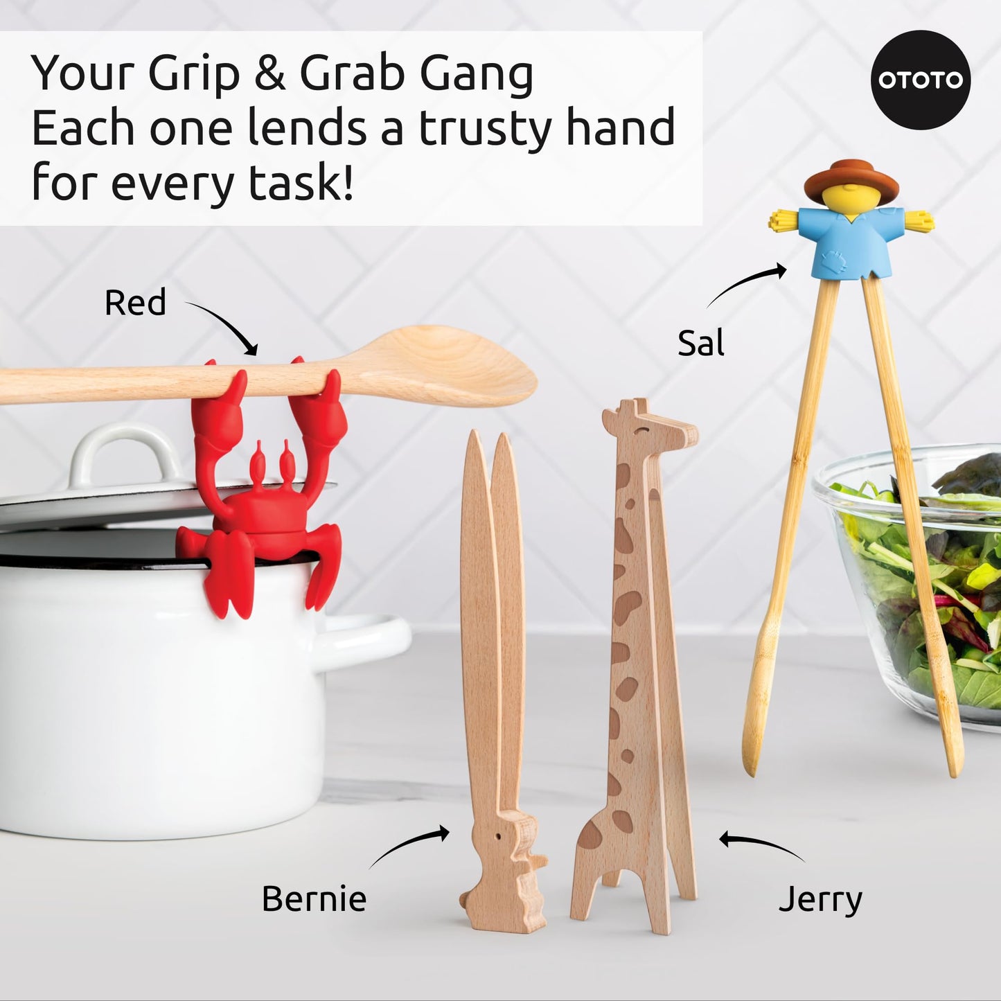 NEW - OTOTO Sal Scarecrow Salad Tongs (2-Piece) - Wooden Tongs Set, Food Safe Toaster Tongs for Serving, Cute Kitchen Tongs, Cool Kitchen Gadgets Accessories, Funny Gifts, Mini Tongs (Blue)