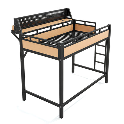 DNYN Metal Loft Bed with Storage Guardrails and Pegboard for Teens Bedroom/Dorm, Twin XL Size Loft Bed Frame with USB Ports and LED, Space-Saving Design & No Box Spring Needed