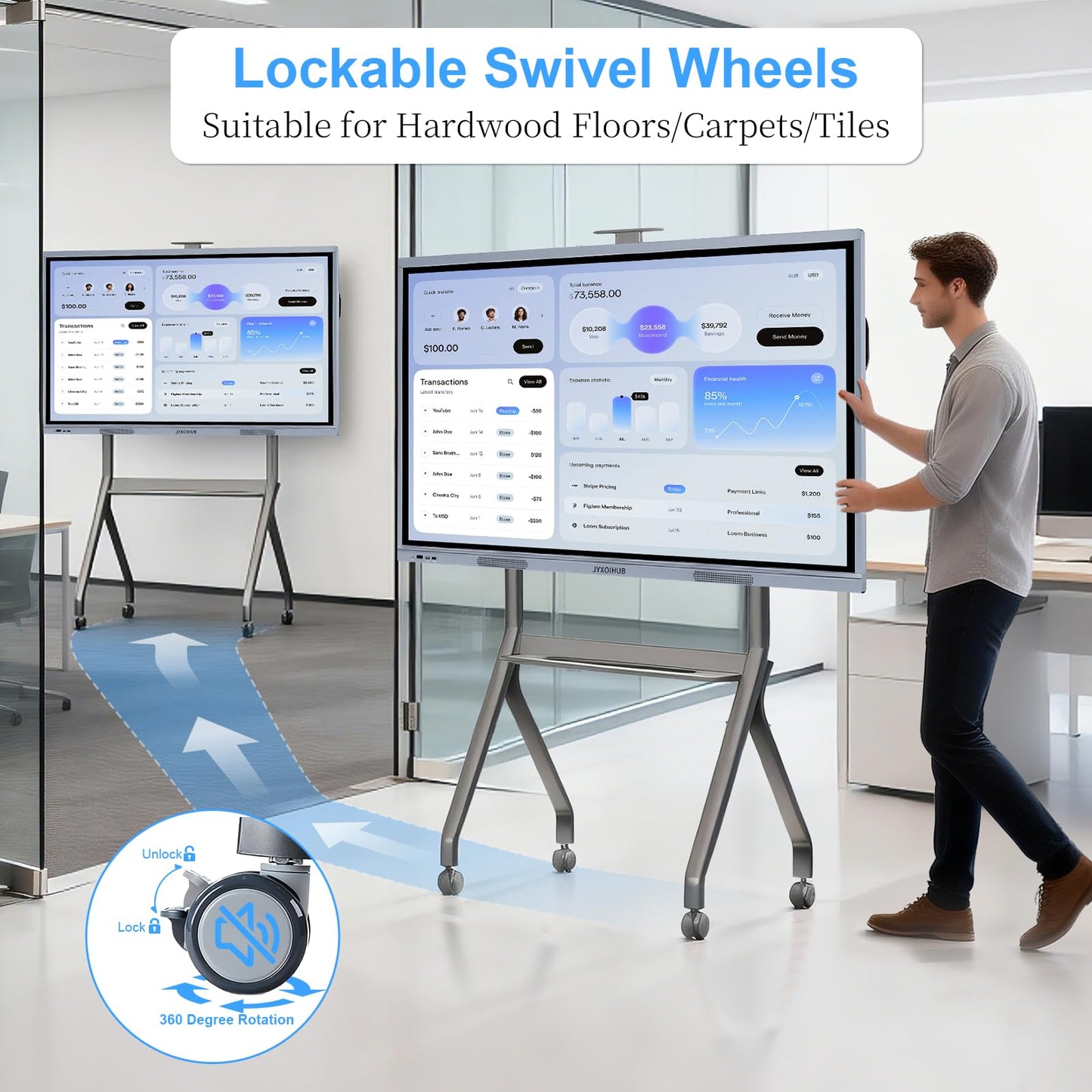 JYXOIHUB Smart Board Stand for 42"– 75" Interactive Smart Whiteboard, Height Adjustable Mobile Portable Stand with Four Lockable Wheels for Classroom Home Office Business Studio