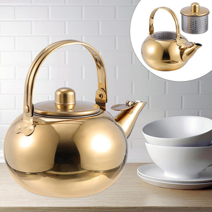 Hemoton Stainless Steel Tea Pot with Infuser, 1L/34 OZ Stovetop Kettle for Loose Leaf Tea, Golden Camping