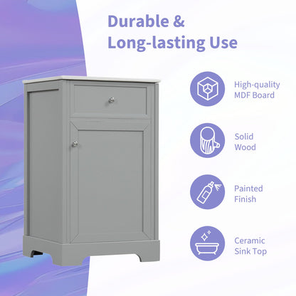 Favfurish 20" Bathroom Vanity with Ceramic Sink, Undermount Single Basin Bath Vanity Set w/Soft-Close Door and Storage Rack & Adjustable Shelf, Modern Freestanding Cabinet for Small Space, Grey