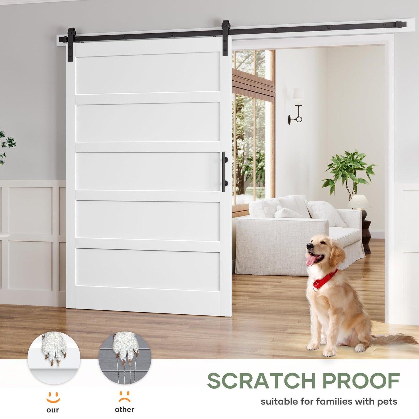 ROYMELO 54x84 Inch White Sliding Barn Door Slab with 9ft Hardware Kit Included, 5-Panel, MDF Wood Panel Covered with Water-Proof Scratch-Proof PVC Surface, Simple DIY Assembly