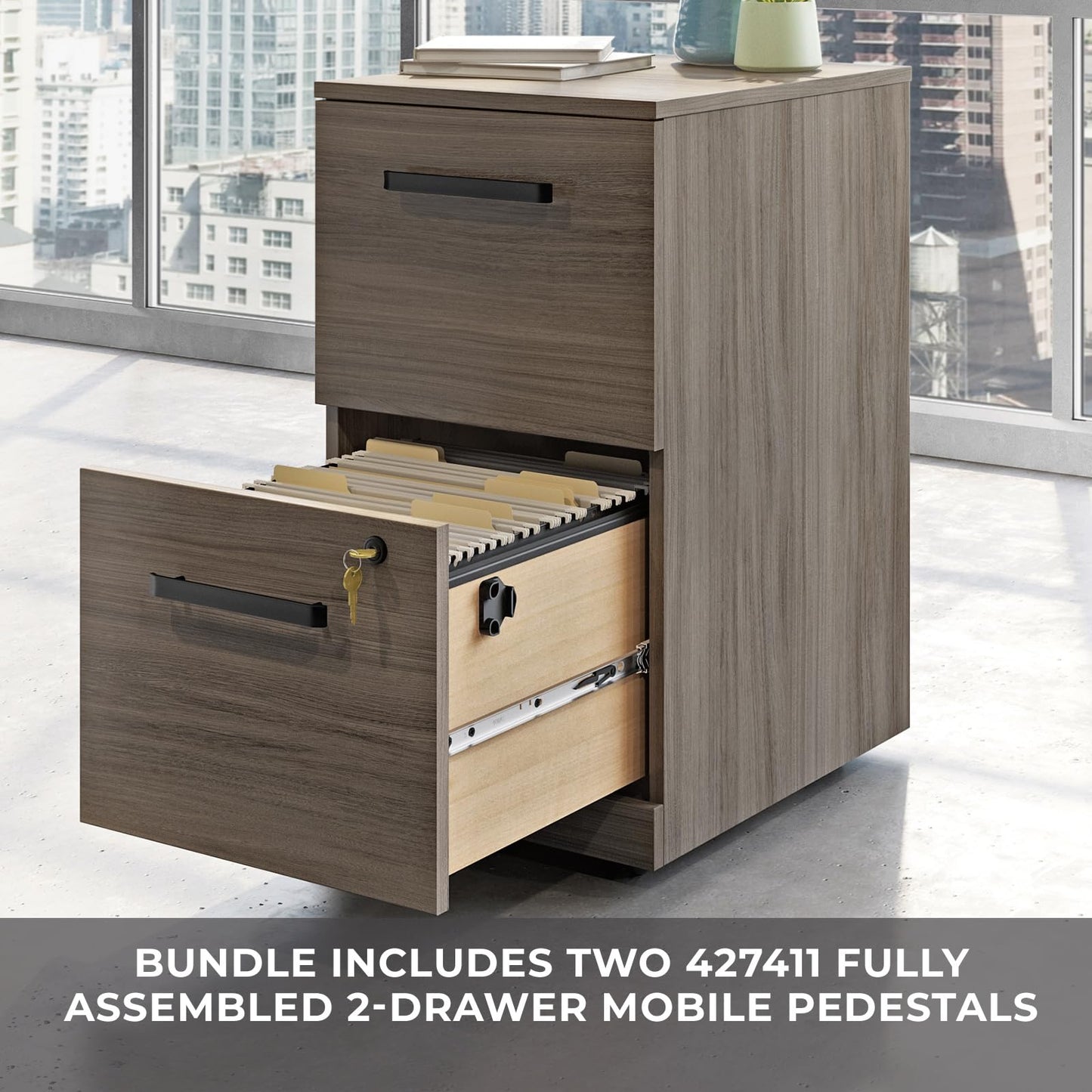 Sauder Office Works Affirm 72 X 30 Desk 2 Drawer Pedestal Ste, Hudson Elm Finish