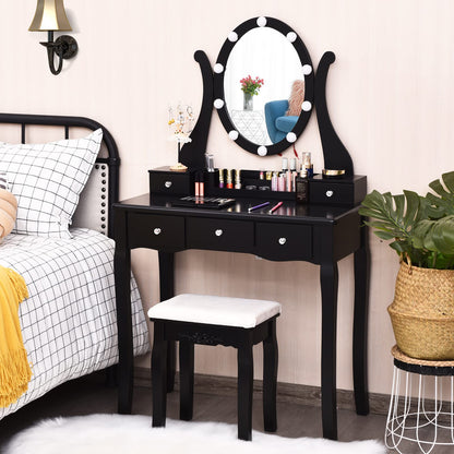 LDAILY Vanity Set with 10 Dimmable LED Bulbs, Vanity Desk with Rotating Lighted Mirror, Cushioned Stool & 5 Drawers, Modern Easy Assembly Bedroom Dressing Table for Girls Women (Black)