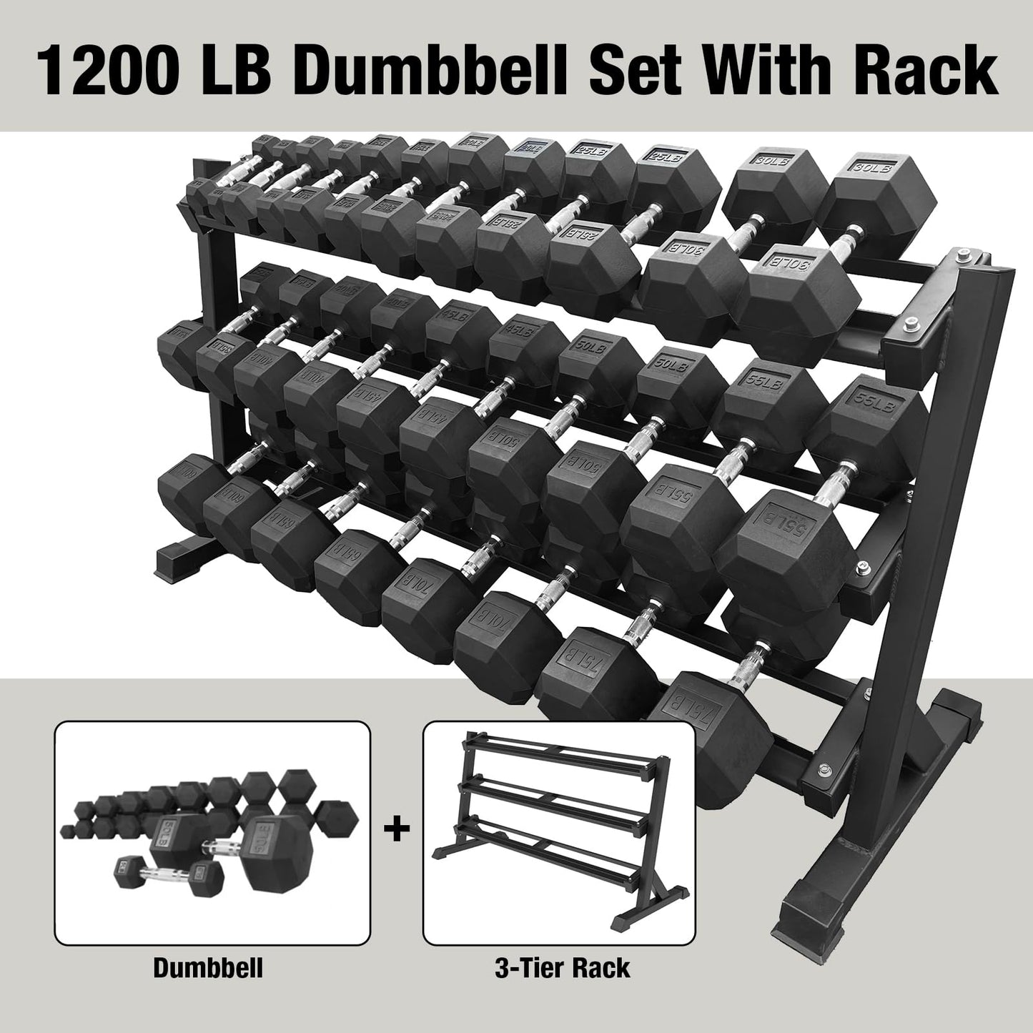 5–75 lbs Dumbbells Weight Set (15 Pairs) with Weight Storage Rack, 1200 lbs Hex Dumbbell Sets, Gyms Weights Dumbbells Sets with 3-Tier Rack, Weight Set for Home Gym, Strength Training