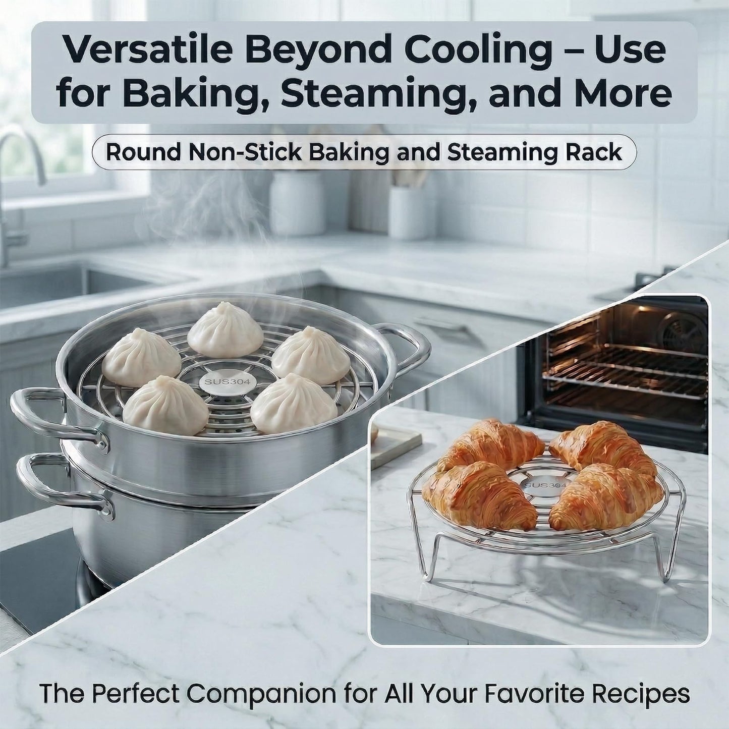 Round Steamer Rack 2 Pcs, 2.5mm Thick 304 Stainless Steel Cooking Trivet, 1.57 Inch High Legs Wire Stand for Air Fryer and Stockpot, Cooling Baking Roasting Insert (6.3 & 7.1 Inch)