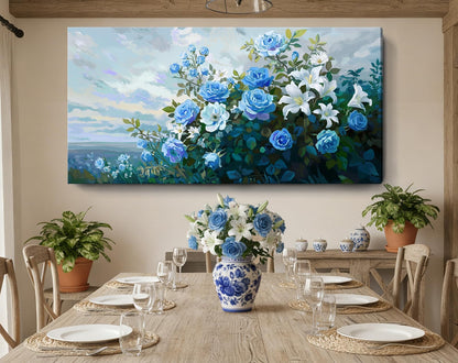 NiceTop 48x24 Inch Large Floral Canvas Wall Art, Waterproof Moisture Resistant Blue Rose White Lily Modern Botanical Artwork with Hanging Kit, Abstract Aesthetic Wrapped Canvas Print for Living Room, Bedroom, Bathroom, Boho Farmhouse Home Decor
