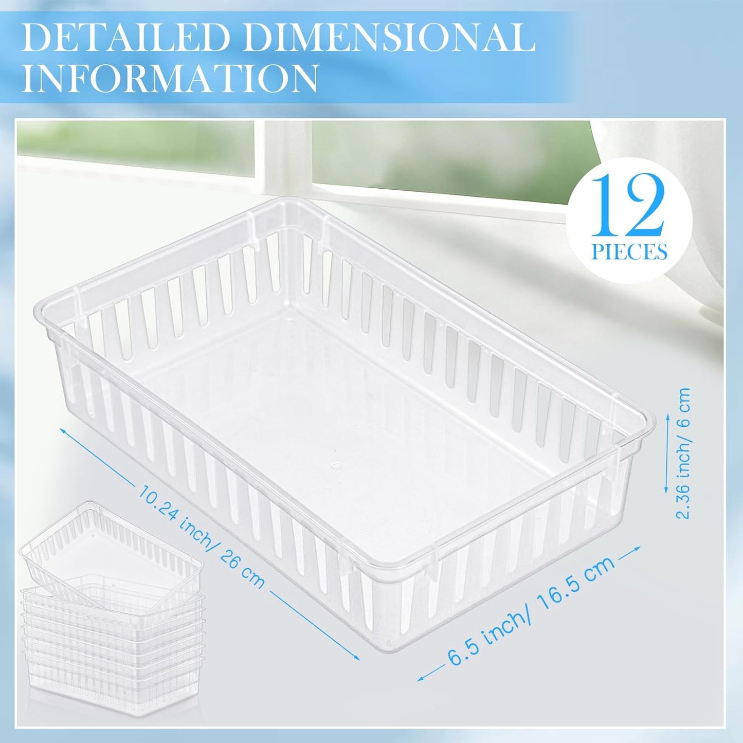 Wenqik Set of 12 Plastic Baskets for Organizing, Rectangular Trays for Desk Organization (Clear)