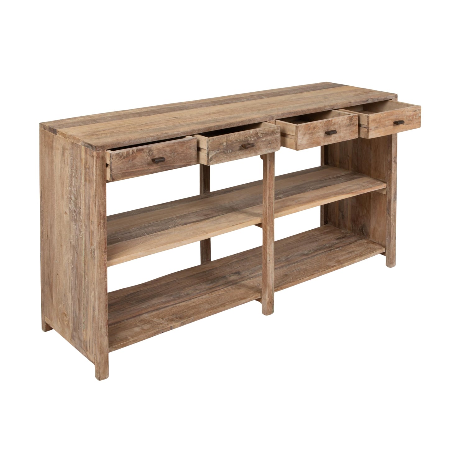 Reclaimed Wood Console Table with 4 Drawers 4 Storage Sections, Natural