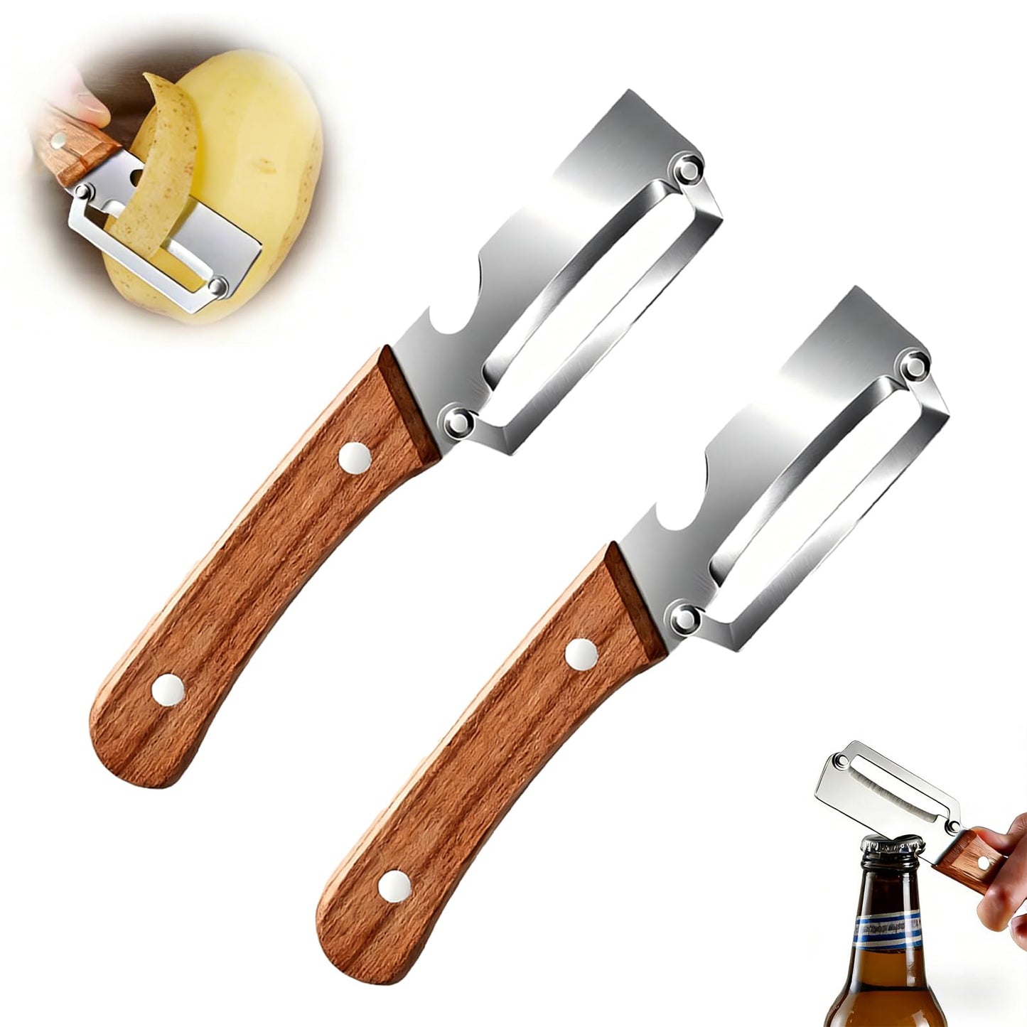 2 Pack Multifunctional Vegetable Peeler with Bottle Opener, Wooden Handle Stainless Steel Potato Fruit Peeler, Ergonomic Non-Slip Kitchen Gadget for Camping BBQ