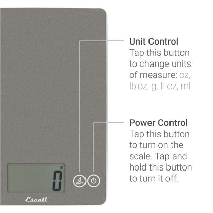 Escali Arti Glass Food Scale Digital Countertop Kitchen, Baking and Cooking Scale with Nutrition and Calorie Counter, 15-Pound Capacity, 9" x 6.5" x .75", Gray Storm