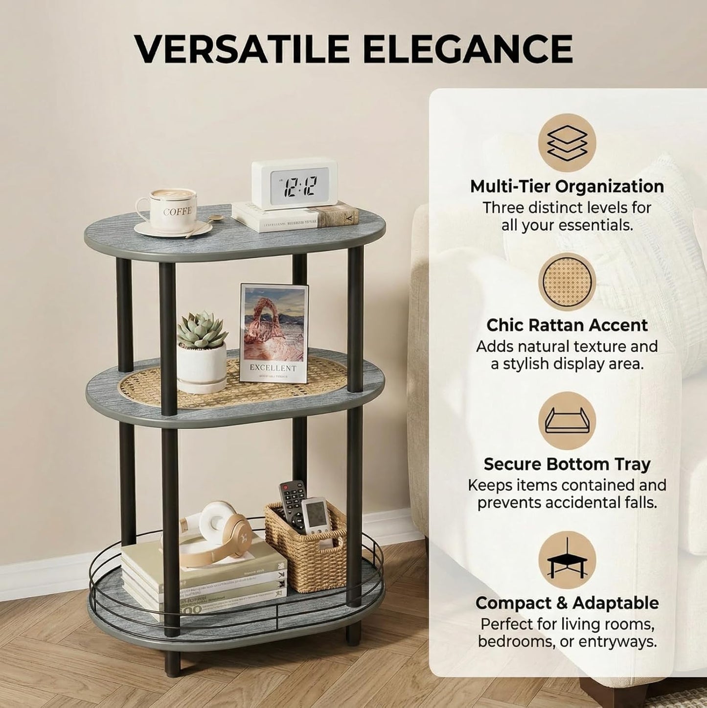 3 Tier Round Side Table with Storage, Oval End Table with Rattan Shelf & Metal Basket - Boho Nightstand, Accent Table