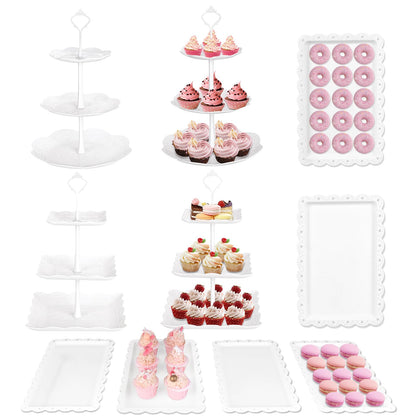 Mwellewm 10Pcs Cupcake Stand,Dessert Table Display Set, 4 White 3 Tired Cake Stand 6 Plastic Serving Trays for Party Cookie Rack Desert Tower Holder for Wedding Decor Baby Shower Tea Party Decorations