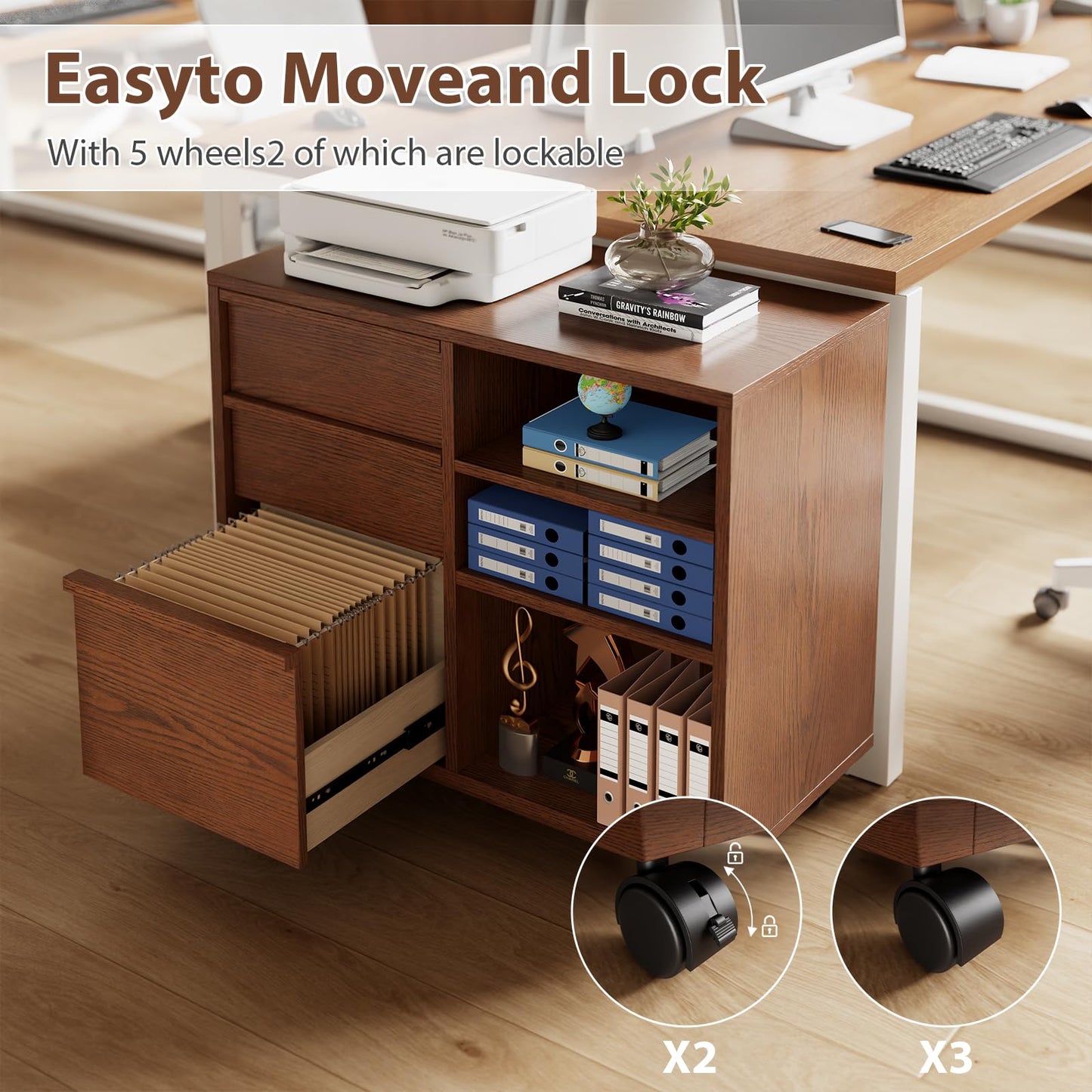 Solid Wood Lateral Filing Cabinet, 3 Drawer Mobile File Cabinet,Stand with Open Shelves,Storage Drawer Cabinet，The cabinet features adjustable steel rods，suitable for home offices,and bedrooms.