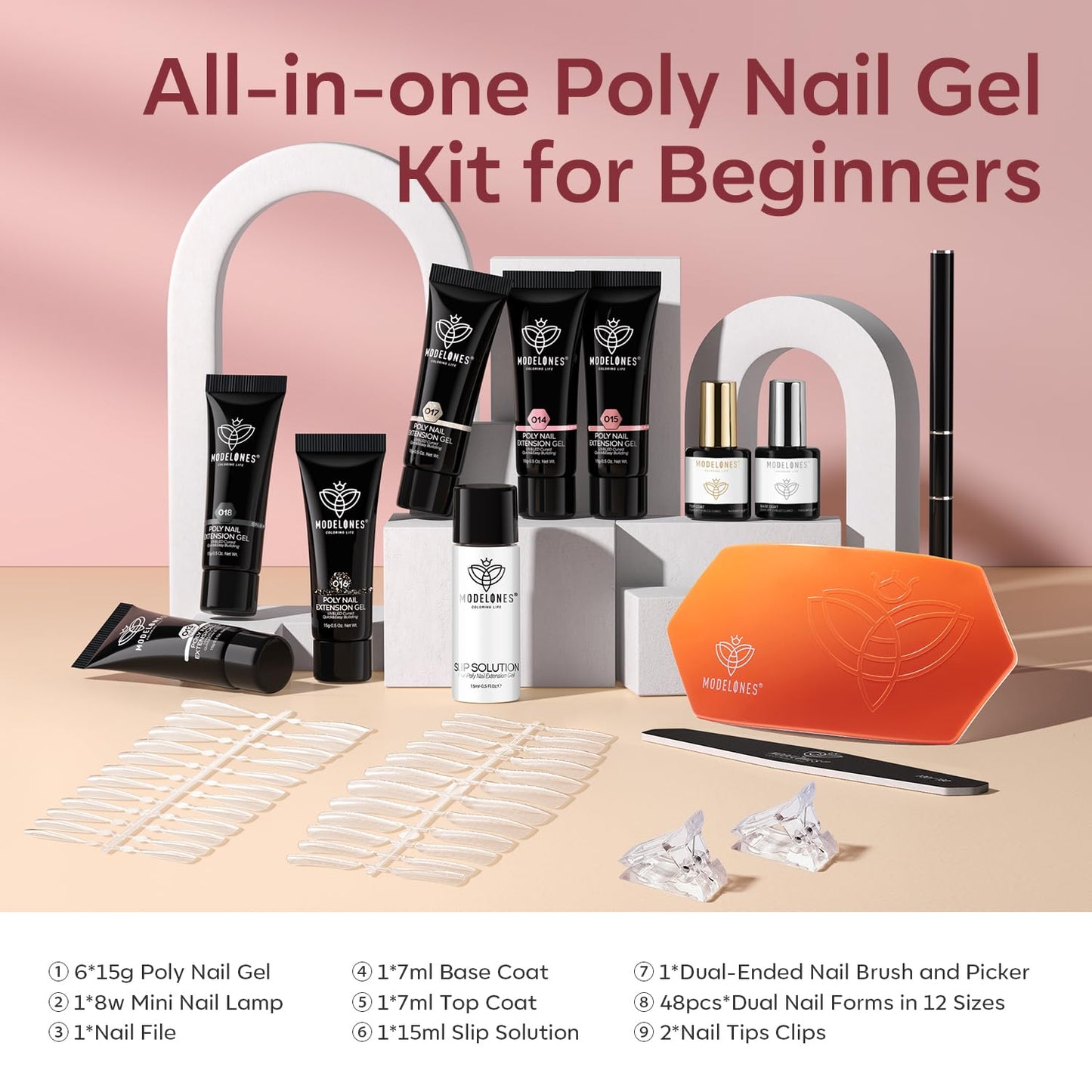 modelones Poly Gel Nail Kit 6 Colors with 8 W Nail Lamp Extension Gel Kit Jelly Milky White Pink Nude Complete Tools Beginner Thickening Solutions DIY at Home for Women