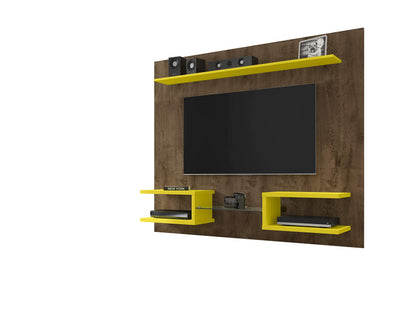 Manhattan Comfort Plaza Floating Entertainment Center for Living Room, Wall Mounted TV Stand with Display Shelves, Wire Management & Mounting Hardware, Fits up to 50" Screens, Rustic Brown/Yellow