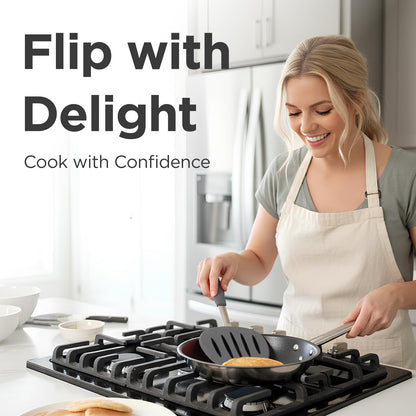 Kitchen Mama WaltzGrip Platinum Silicone Pancake Spatula Turner: Heat Resistant Flexible, Stainless Steel Core, Nonstick, Dishwasher Safe, Flipper – Ideal Kitchen Cookware Egg, Fish, Meat (Metal Gray)