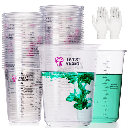 LET'S RESIN Resin Mixing Cups, 45pcs 32oz(1000ml) 2 Scales Accurate Paint Mixing Cup with Protective Gloves, Sturdy & Thick Disposable Measuring Cups for Paint, Pigments, Art, Auto Resin Mixer