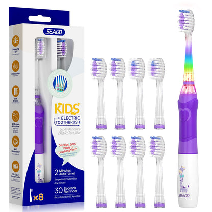 SEAGO Kids Electric Toothbrush with 2 Mins Brushing Timer and 8 Replacement Bursh Heads,Rainbow LED Light Make Brushing Fun, Pink Color Girls Battery Powerd Toothbrush for 4-12 Years Old