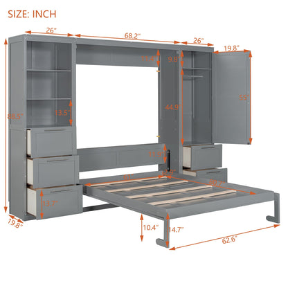 Merax Murphy Bed Queen Size, Built-in Shelves, Storage Drawers and Wardrobe, Wood Folding Wall Bedframe for Guest Room, Home Office, Grey