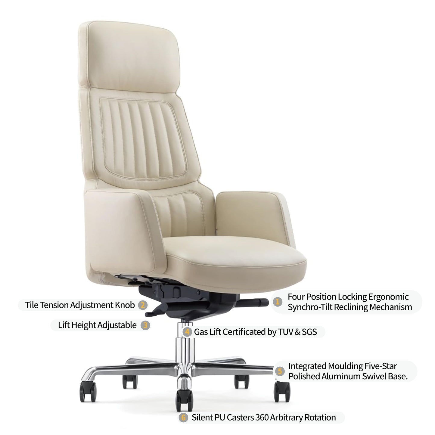 FURIJING Genuine Leather Office Desk Chair with High Back Aluminum Swivel Base Ergonomic Synchro-Tilt Reclining Mechanism Real Leather Executive Chair-Light Beige