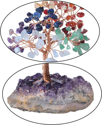 mookaitedecor 7 Chakra Crystal Tree with Amethyst Cluster Crystals Base, Home Decor for Reiki and Good Luck