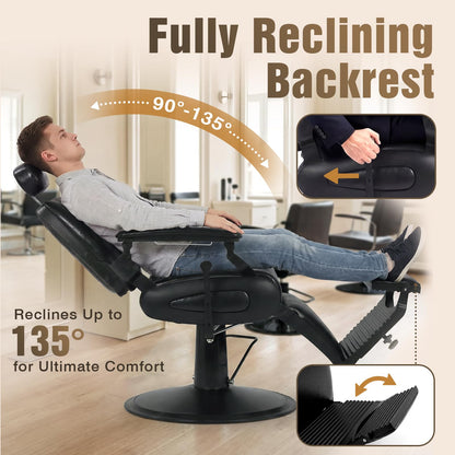 Oakvera Barber Chair with Stool, Heavy Duty Vintage Recline Hydraulic Barber Chair with Towel Bar, 360° Swivel All Purpose Professional Salon Chair Barber Shop Beauty Salon Shampoo Equipment, Black